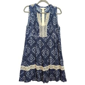 Lovestitch Blue Paisley Print Sleeveless Dress Size Small Crochet Detail